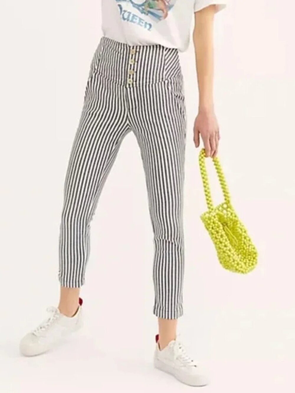 Free People High-Rise Striped Button Fly Pants - Size 8 / 6